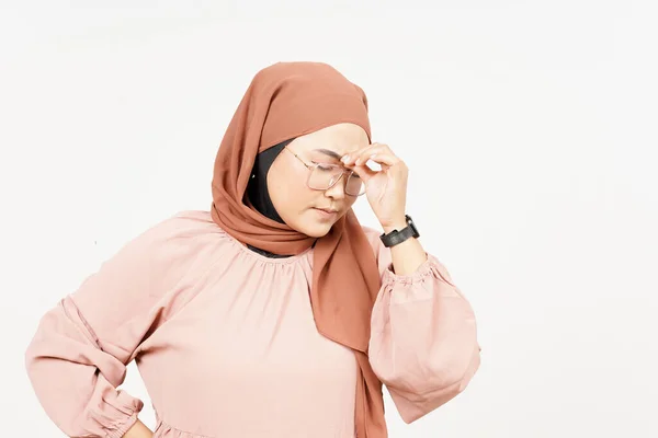 Suffering Headache Gesture Beautiful Asian Woman Wearing Hijab Isolated White — ストック写真