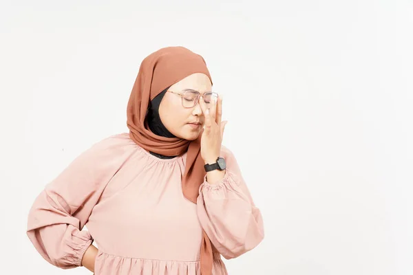 Suffering Headache Gesture Beautiful Asian Woman Wearing Hijab Isolated White — стоковое фото