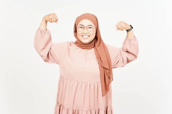 Showing Strength Arm Beautiful Asian Woman Wearing Hijab Isolated White — Stock Fotó