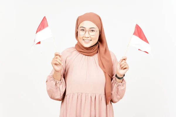 Holding Indonesia Flag Beautiful Asian Woman Wearing Hijab Isolated White — Stock Fotó