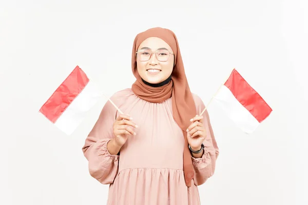 Holding Indonesia Flag Beautiful Asian Woman Wearing Hijab Isolated White — ストック写真