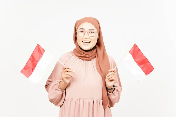 Holding Indonesia Flag Beautiful Asian Woman Wearing Hijab Isolated White — ストック写真