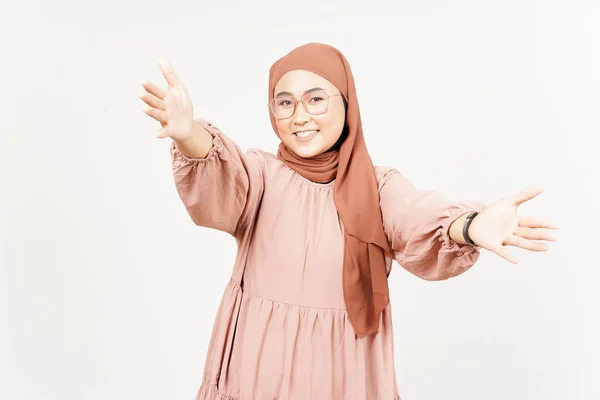 Offering Hug Beautiful Asian Woman Wearing Hijab Isolated White Background —  Fotos de Stock