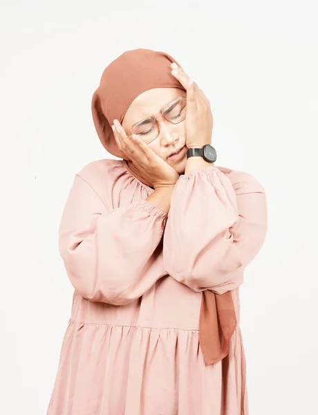 Suffering Headache Beautiful Asian Woman Wearing Hijab Isolated White Background — Φωτογραφία Αρχείου