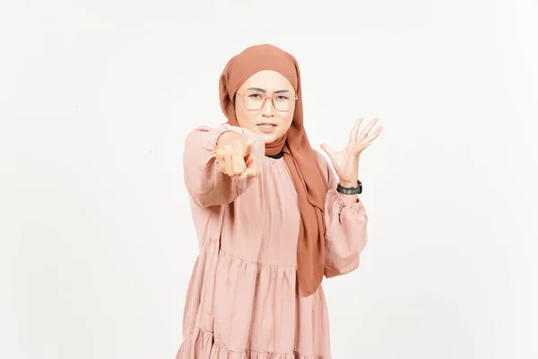 Pointing at you and angry of Beautiful Asian Woman Wearing Hijab Isolated On White Background