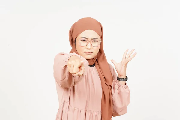 Pointing You Angry Beautiful Asian Woman Wearing Hijab Isolated White — стоковое фото