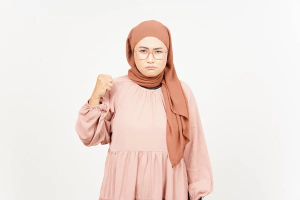 Angry Gesture Beautiful Asian Woman Wearing Hijab Isolated White Background — Stockfoto