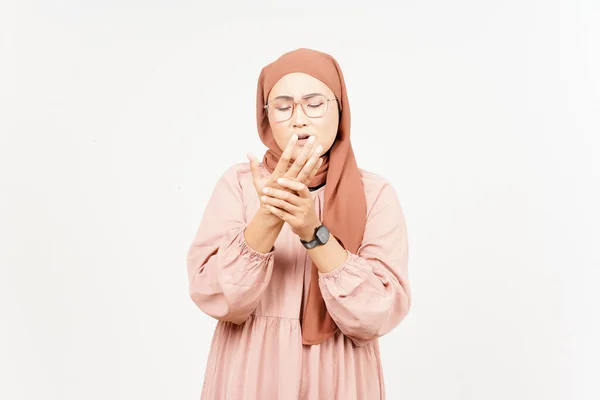 Suffering Pain Hands Beautiful Asian Woman Wearing Hijab Isolated White — Foto de Stock