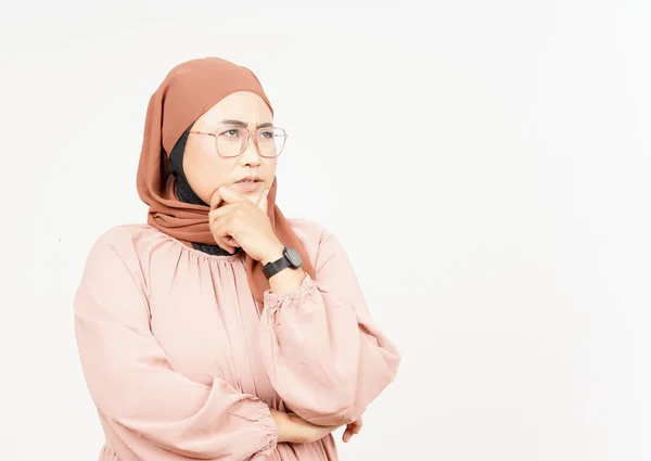 Thinking Curious Expression Beautiful Asian Woman Wearing Hijab Isolated White — Foto Stock