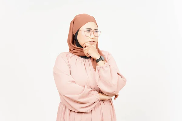 Thinking Curious Expression Beautiful Asian Woman Wearing Hijab Isolated White — Φωτογραφία Αρχείου