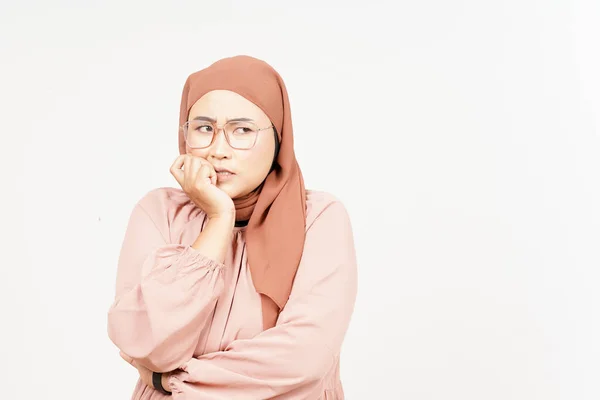 Thinking Curious Expression Beautiful Asian Woman Wearing Hijab Isolated White — Zdjęcie stockowe