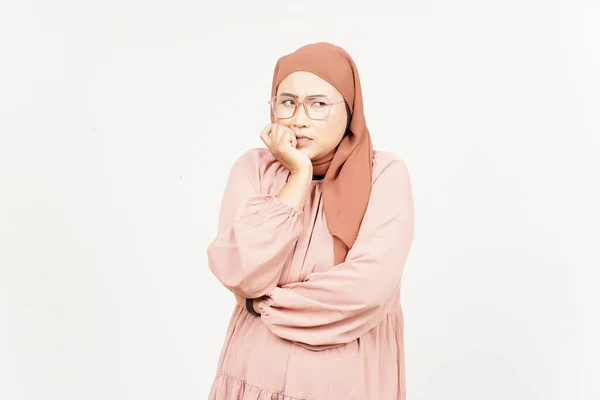 Thinking Curious Expression Beautiful Asian Woman Wearing Hijab Isolated White —  Fotos de Stock
