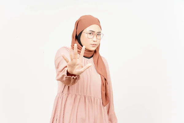 Rejection Hand Gesture Beautiful Asian Woman Wearing Hijab Isolated White — Fotografia de Stock