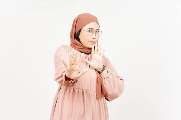 Rejection Hand Gesture Beautiful Asian Woman Wearing Hijab Isolated White — Φωτογραφία Αρχείου