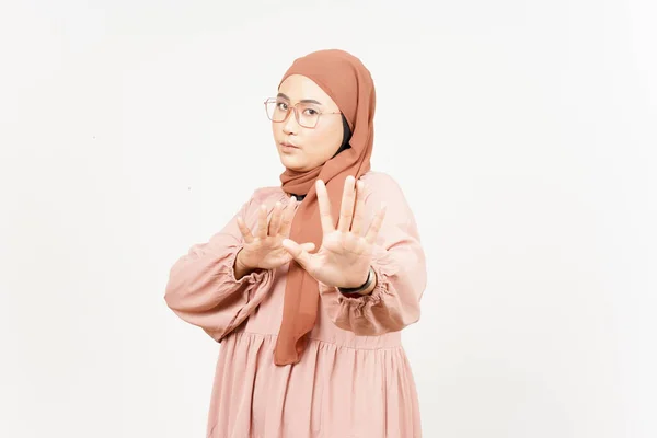 Rejection Hand Gesture Beautiful Asian Woman Wearing Hijab Isolated White — Stock Photo, Image