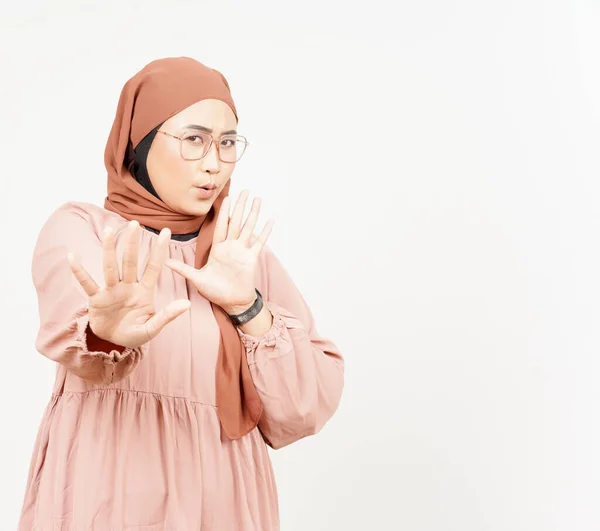 Rejection Hand Gesture Beautiful Asian Woman Wearing Hijab Isolated White — Stock Photo, Image