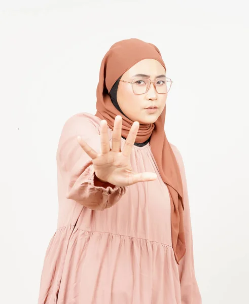 Rejection Hand Gesture Beautiful Asian Woman Wearing Hijab Isolated White — Foto de Stock