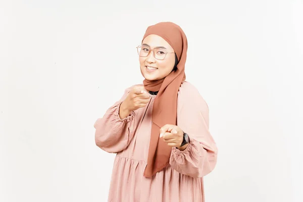 Smile Pointing You Beautiful Asian Woman Wearing Hijab Isolated White — 图库照片