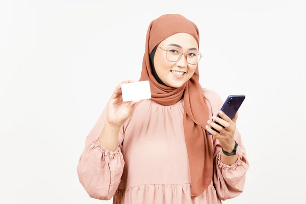 Holding Smartphone Blank Credit Bank Card Beautiful Asian Woman Wearing — Foto Stock
