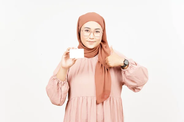 Holding Blank Bank Card Credit Card Beautiful Asian Woman Wearing — Stock Fotó