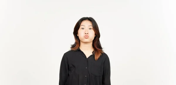 Şişirilmiş Yanak Beyaz Arka Planda Izole Edilmiş Güzel Asyalı Kadının — Stok fotoğraf