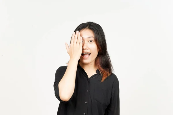Covering Half Face Smile Beautiful Asian Woman Isolated White Background — Φωτογραφία Αρχείου