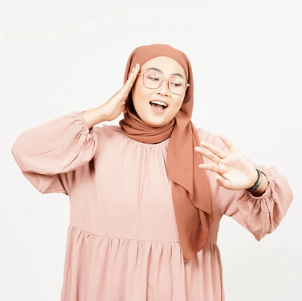 Looking Watch Get Late Beautiful Asian Woman Wearing Hijab Isolated —  Fotos de Stock