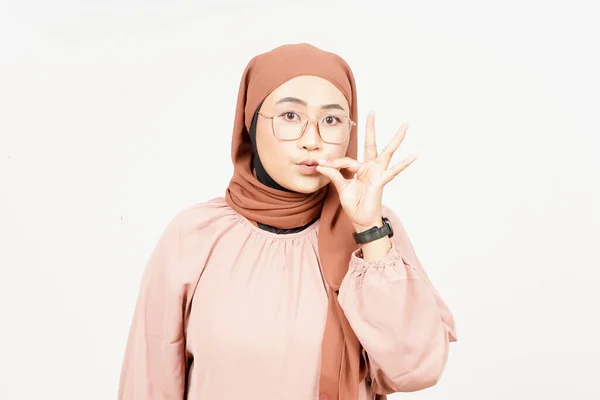 Keep Secret Lip Shut Beautiful Asian Woman Wearing Hijab Isolated — Fotografie, imagine de stoc