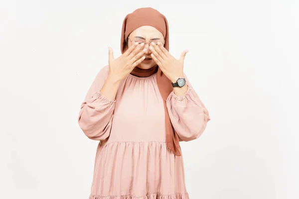 Covering Eyes Beautiful Asian Woman Wearing Hijab Isolated White Background — Foto Stock