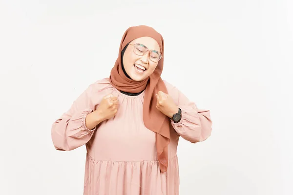 Yes Celebration Gesture Beautiful Asian Woman Wearing Hijab Isolated White — Stockfoto