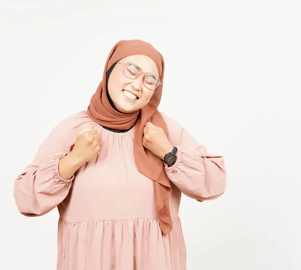 Yes Celebration Gesture Beautiful Asian Woman Wearing Hijab Isolated White — Stock Fotó