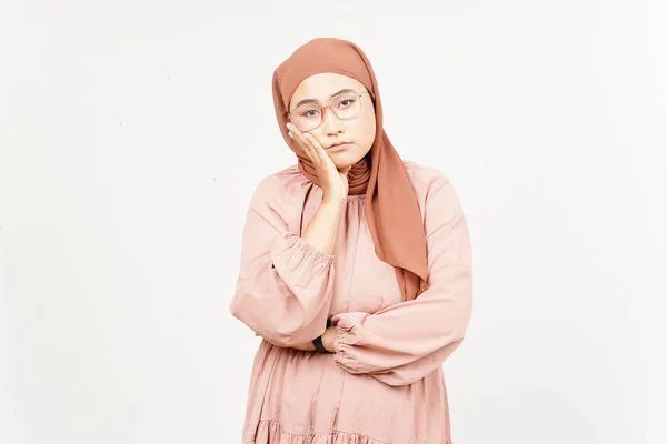 Boring Gesture Beautiful Asian Woman Wearing Hijab Isolated White Background — Stockfoto