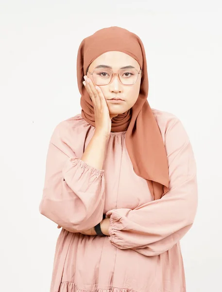 Boring Gesture Beautiful Asian Woman Wearing Hijab Isolated White Background — ストック写真