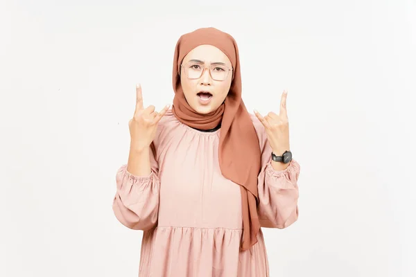 Showing Metal Hands Beautiful Asian Woman Wearing Hijab Isolated White — Fotografia de Stock