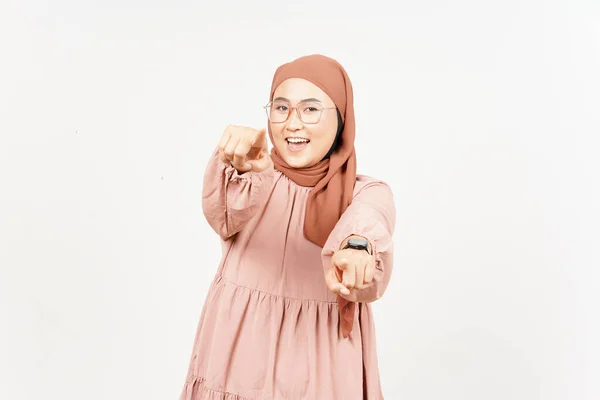 Smiling Pointing You Beautiful Asian Woman Wearing Hijab Isolated White — Stock Photo, Image