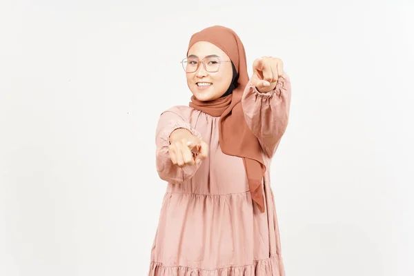 Smiling Pointing You Beautiful Asian Woman Wearing Hijab Isolated White —  Fotos de Stock