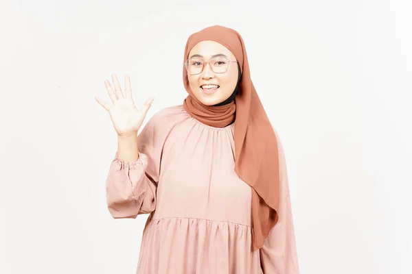 Greeting Gesture Beautiful Asian Woman Wearing Hijab Isolated White Background — ストック写真