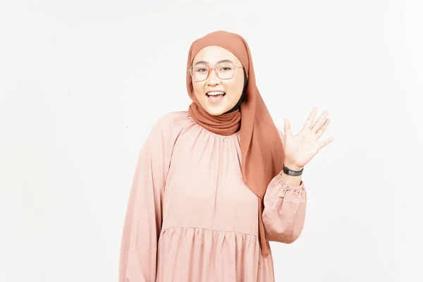 Greeting Gesture Beautiful Asian Woman Wearing Hijab Isolated White Background — Fotografia de Stock