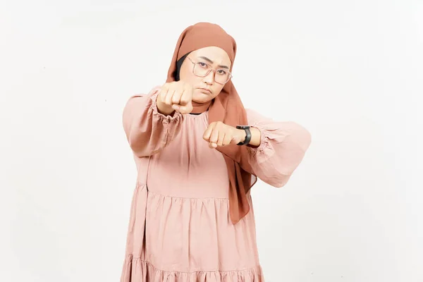 Punching Fist Fight Beautiful Asian Woman Wearing Hijab Isolated White —  Fotos de Stock