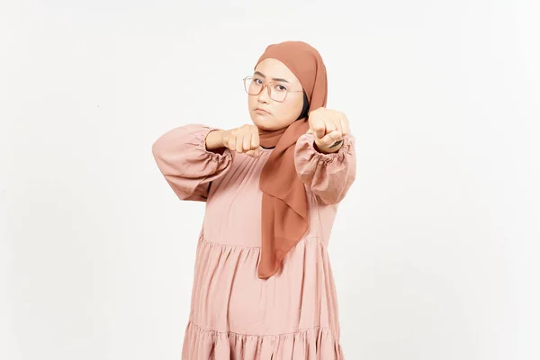 Punching Fist Fight Beautiful Asian Woman Wearing Hijab Isolated White — 图库照片