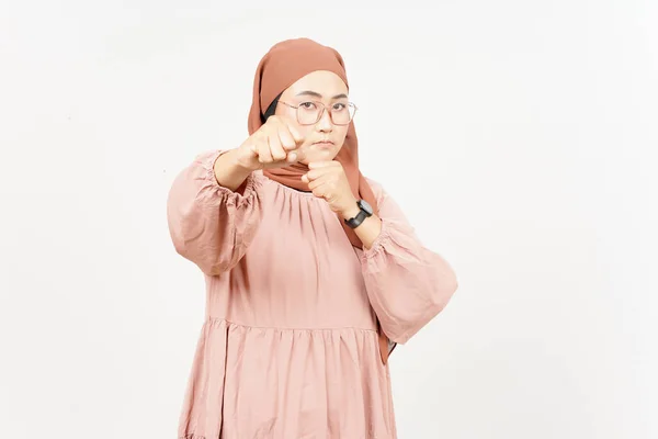 Punching Fist Fight Beautiful Asian Woman Wearing Hijab Isolated White — Stockfoto