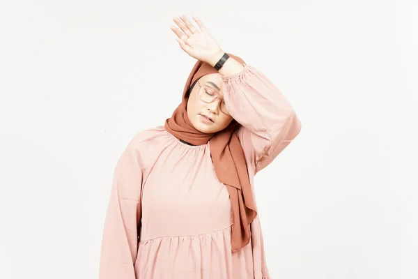 Hand Face Tired Gesture Beautiful Asian Woman Wearing Hijab Isolated — Foto Stock