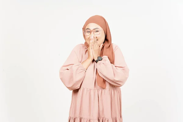 Covering Mouth Laughing Beautiful Asian Woman Wearing Hijab Isolated White — Stockfoto