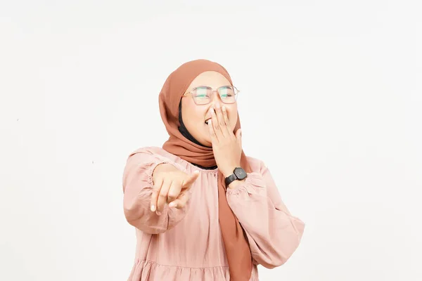 Pointing Camera Laughing Beautiful Asian Woman Wearing Hijab Isolated White — Fotografia de Stock