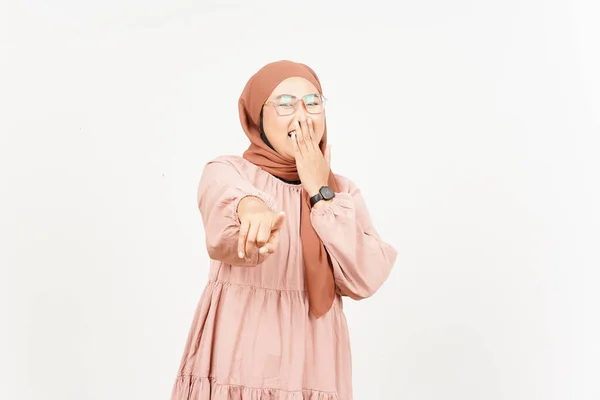 Pointing Camera Laughing Beautiful Asian Woman Wearing Hijab Isolated White — Fotografia de Stock