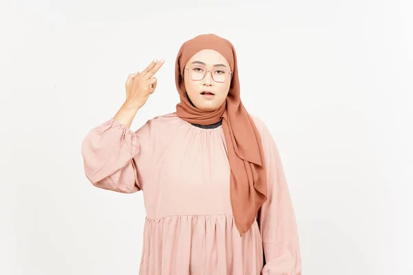 Gun Finger Head Beautiful Asian Woman Wearing Hijab Isolated White — Foto Stock