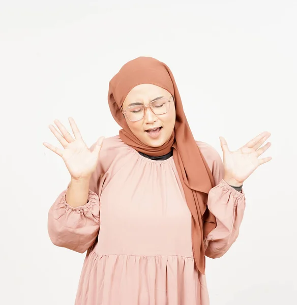 Screaming Angry Expression Beautiful Asian Woman Wearing Hijab Isolated White — Fotografia de Stock