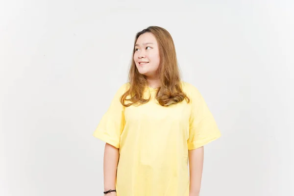 Smile Looking Away Beautiful Asian Woman Wearing Yellow Shirt Isolated — 스톡 사진