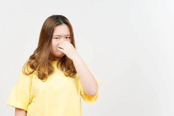 Smelling Something Stinky Disgusting Beautiful Asian Woman Wearing Yellow Shirt — Foto Stock