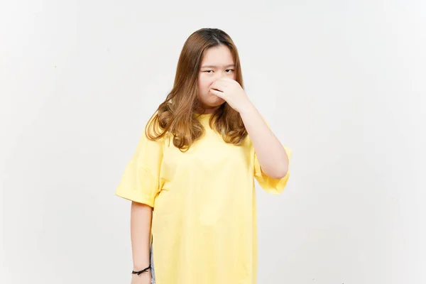 Smelling Something Stinky Disgusting Beautiful Asian Woman Wearing Yellow Shirt — стоковое фото